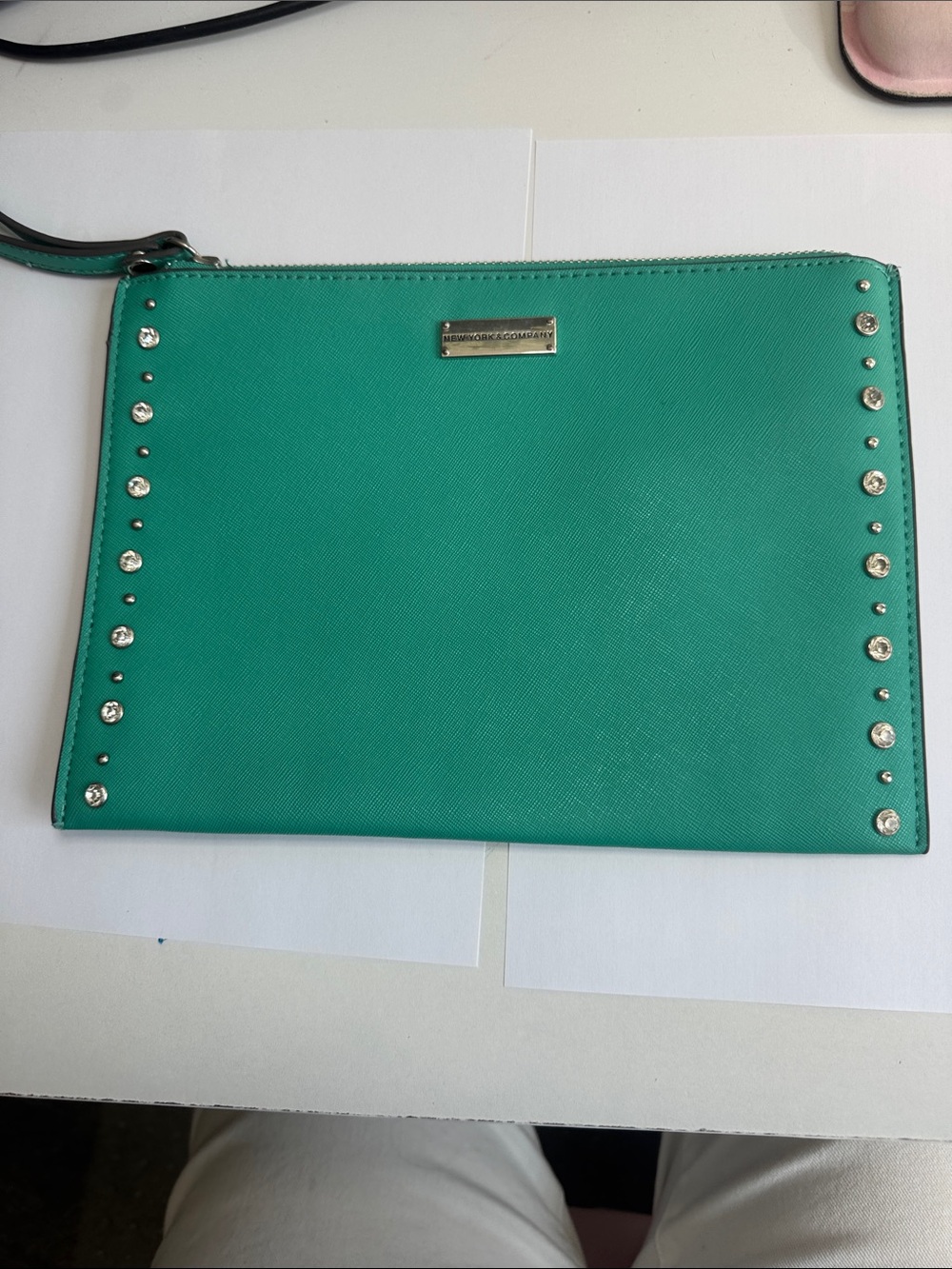 New York & Company Teal Studded Wristlet Clutch